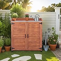 Vista 7 de Banco para macetas al aire libre con parte superior de metal – Gabinete de almacenamiento de jardín impermeable, estación de herramientas de madera