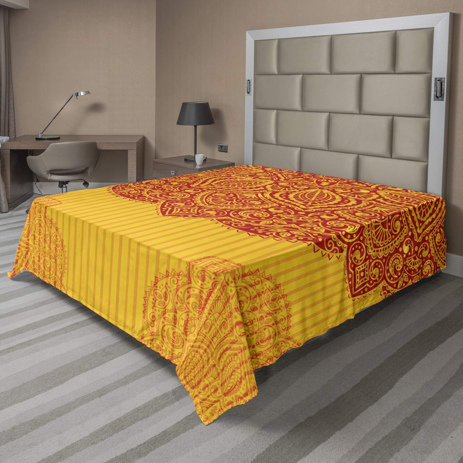 Ambesonne Mandala Flat Sheet, Meditation Universe Paisley Bohemian Culture Hippie, Soft Comfortable Top Sheet Decorative Bedding 1 Piece, Queen Size, Earth Yellow Vermilion