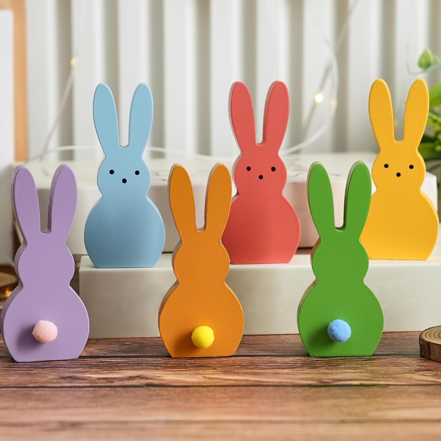 FESTGLOX Easter Decorations Bunny Figurine, Wooden Bunny Decor for Easter Tiered Tray Decor Spring Mantel Table Decorations for Home