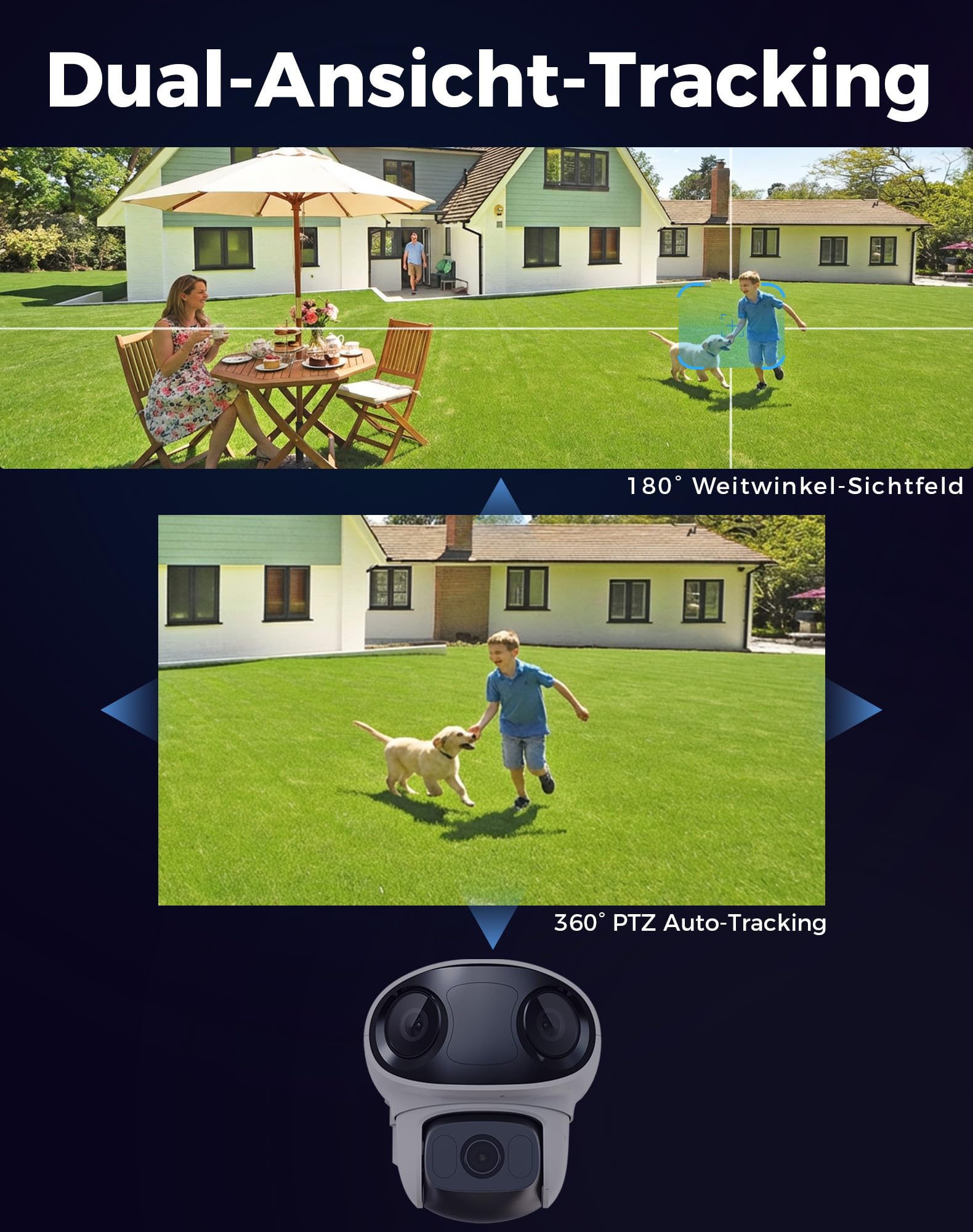 VIRTAVO TL1 WLAN Überwachungskamera Außen, 1080P Triple-Objektiv, 160° Panorama + 360° PTZ, Farb-Nachtsicht mit Starlight, KI-Personenerkennung, 2-Wege-Audio, IP66, Ohne ABO-Pflicht