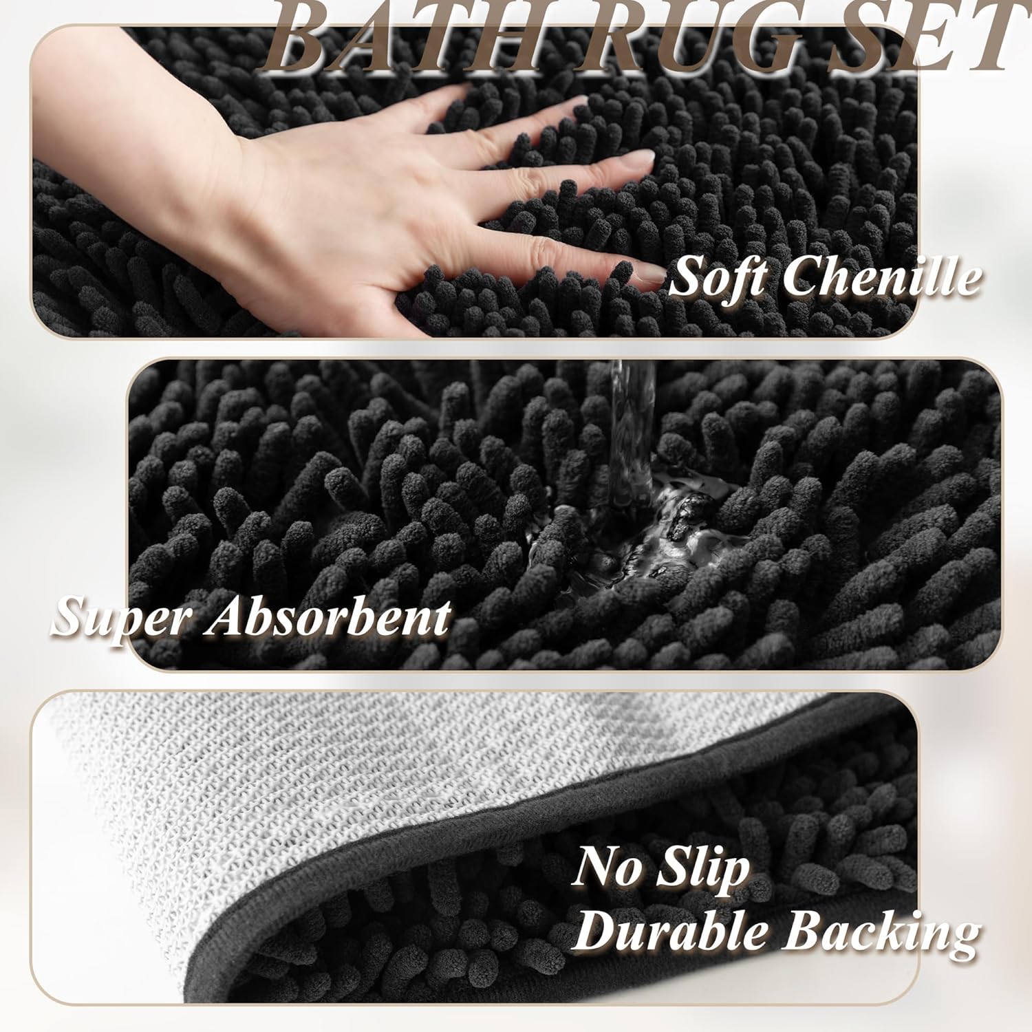 Barossa Design 3 PCS No Hook Waffle Shower Curtain Set with Chenille Bath Rugs - 71" x 74" Black Shower Curtain with Snap-in Liner & Non-Slip Soft Bathroom Mat Accessories