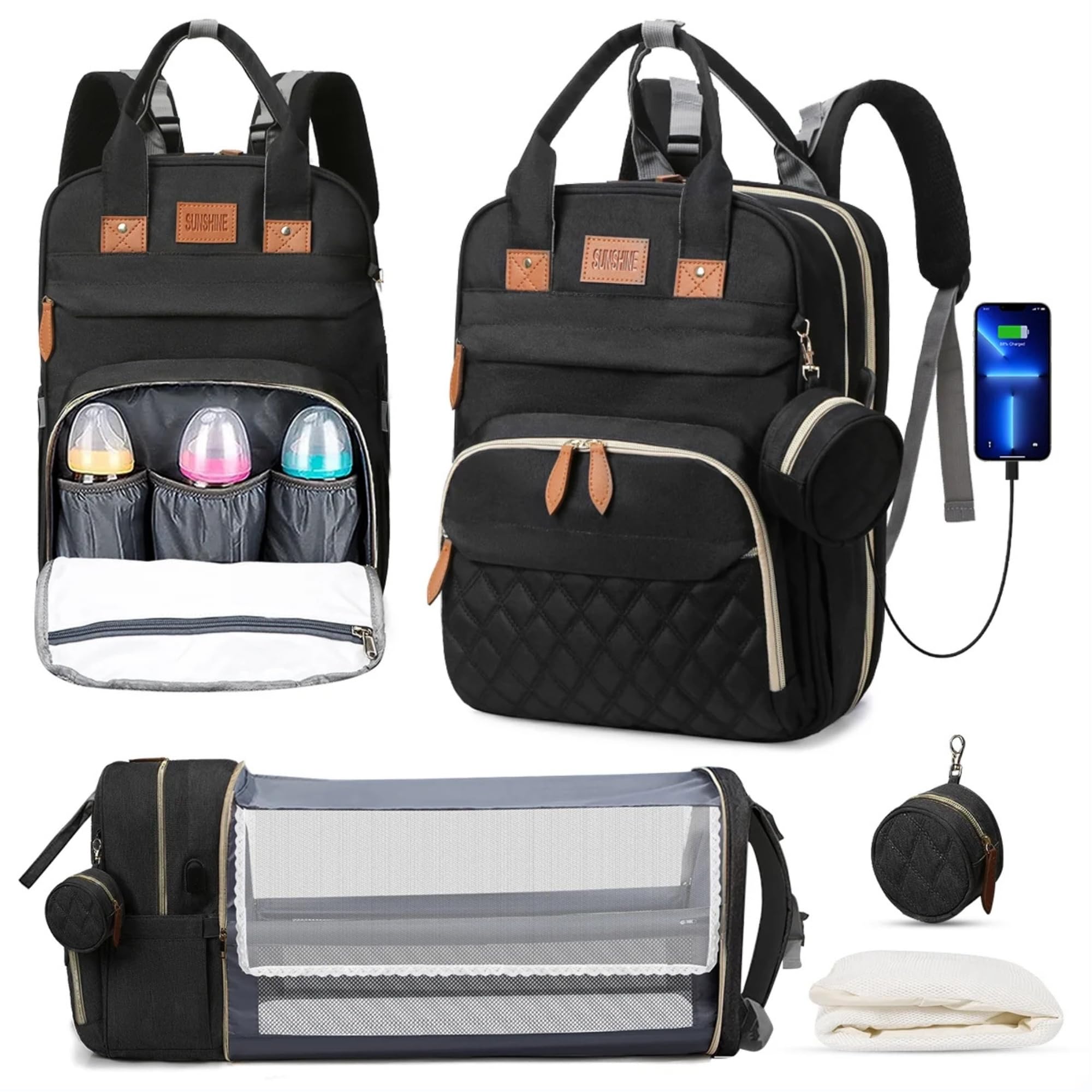 Koskids Diaper Bag Backpack, Multifunctional Waterproof,With Changing Pad, USB Port & Stroller Straps (Black)