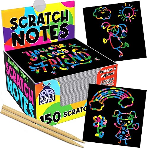 Miniatura 9 de PURPLE LADYBUG Mini notas holográficas de arco iris para rascar, 150 hojas con lápiz de madera, actividad divertida para verano, regalos para
