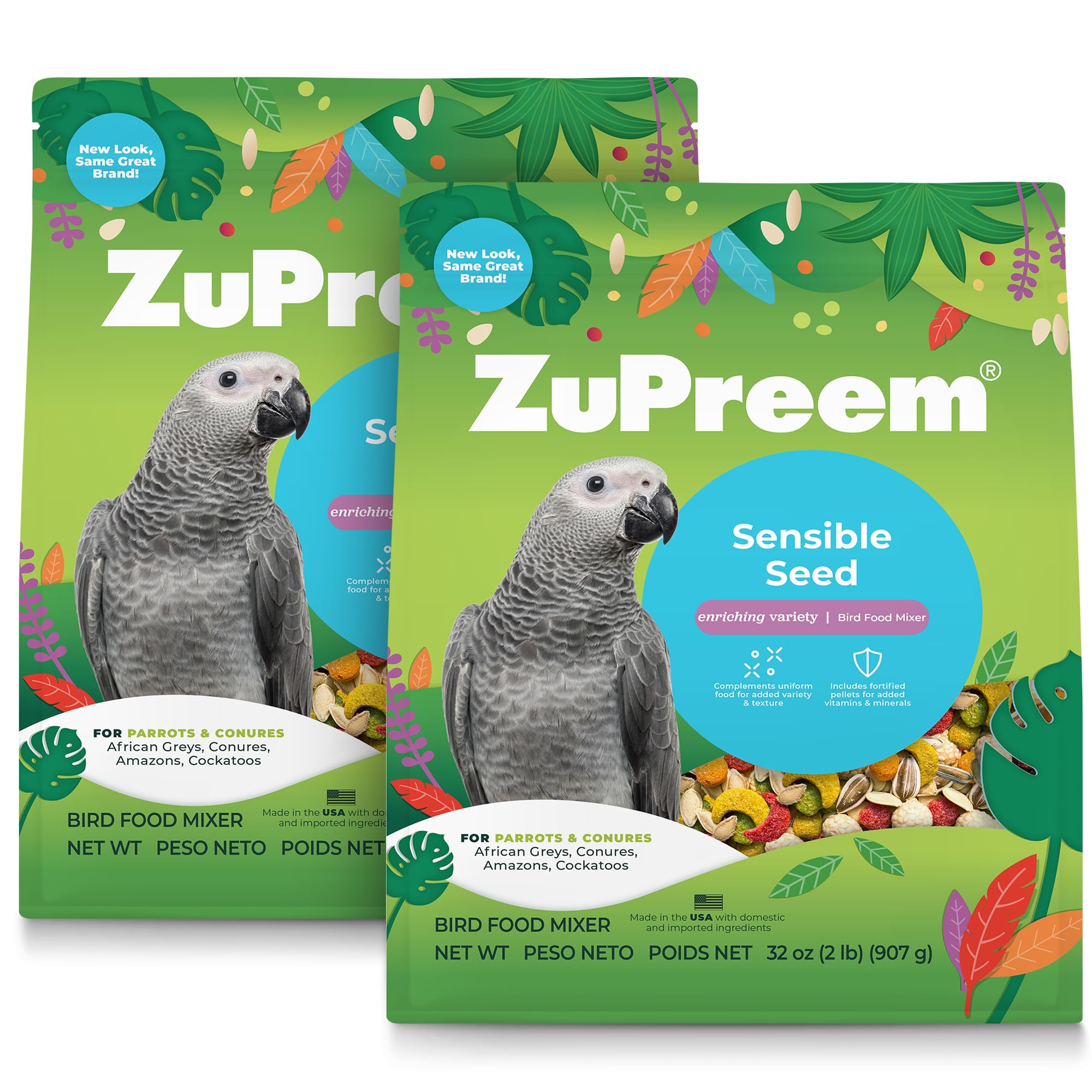 ZuPreem Sensible Seed Bird Food for Parrots and Conures, 2 lb bag (2-pack) - Premium Blend of Seeds and FruitBlend Pellets for Conures, Caiques, African Greys, Senegals, Amazons, Eclectus, Small Cocka