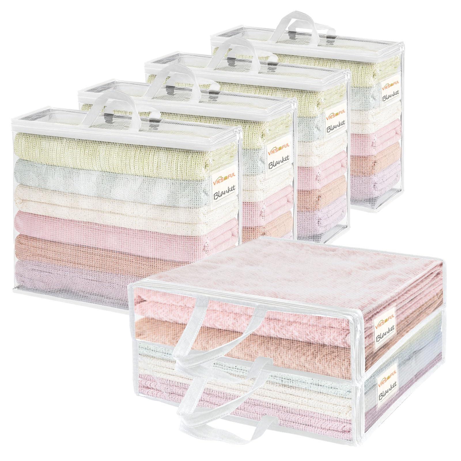 Vieshful 6 Pack Clear Storage Bags with Label, 22L Foldable PVC Mesh Clothes Storage Bags with Zipper for Bedding, Blankets, Clothing, Toys and Underbed Organisation