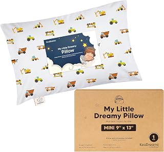 Mini Toddler Pillow with Pillowcase, 9x13 My Dreamy Pillow (Construction) | Kids Pillow for Sleeping, Travel Bed Pillow, Organic Cotton Small Pillowcase, Soft Breathable, Machine Washable, Toddlers 2-4