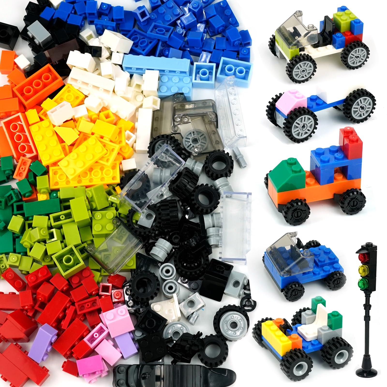 Wheels and Axles Sets with Steering Wheels& &Windshield&Traffic Light, Over 400pcs Classic Bricks Pieces and Car Parts Kits, Basic Bulk Building Blocks Vehicles with Tires