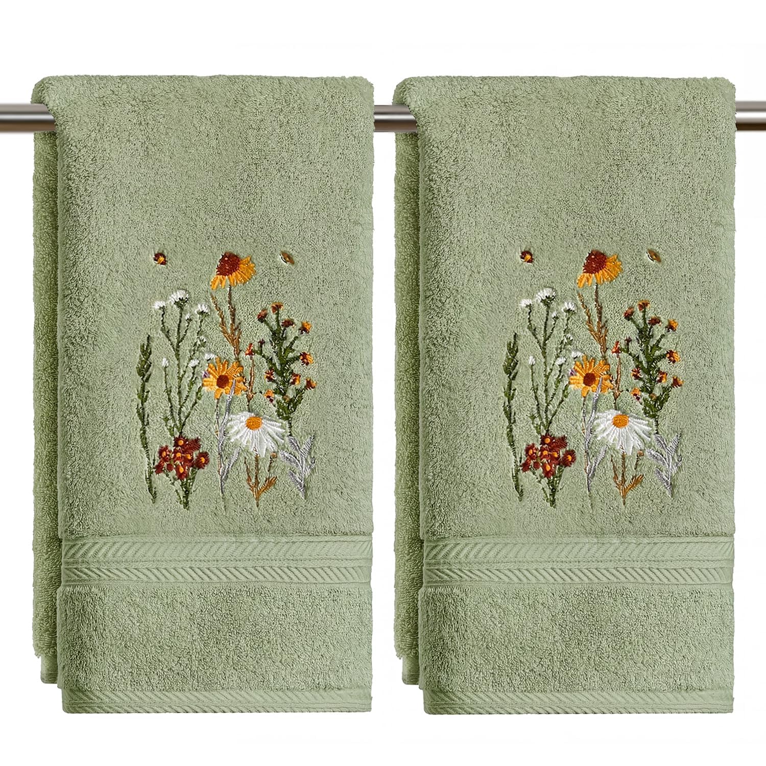 Artoid Mode Sage Green Floral Daisy Cotton Hand Towels 35 x 75 cm Set of 2