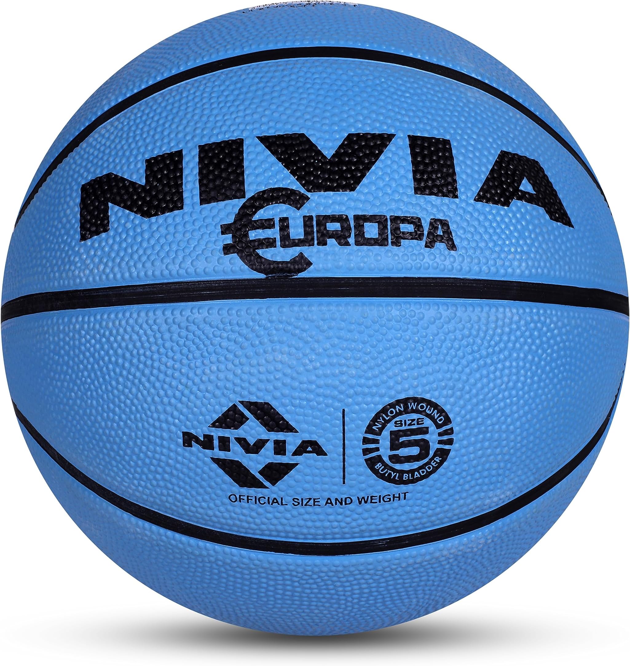 NIVIA Europa Basketball, As per Basic Standard, 8 Panels, Molded Durable Rubber Cover with Pebbled Texture, Butyl Threadwounded Bladder, to Play on All Indoor & Outdoor Surfaces (Size - 5, Assorted)