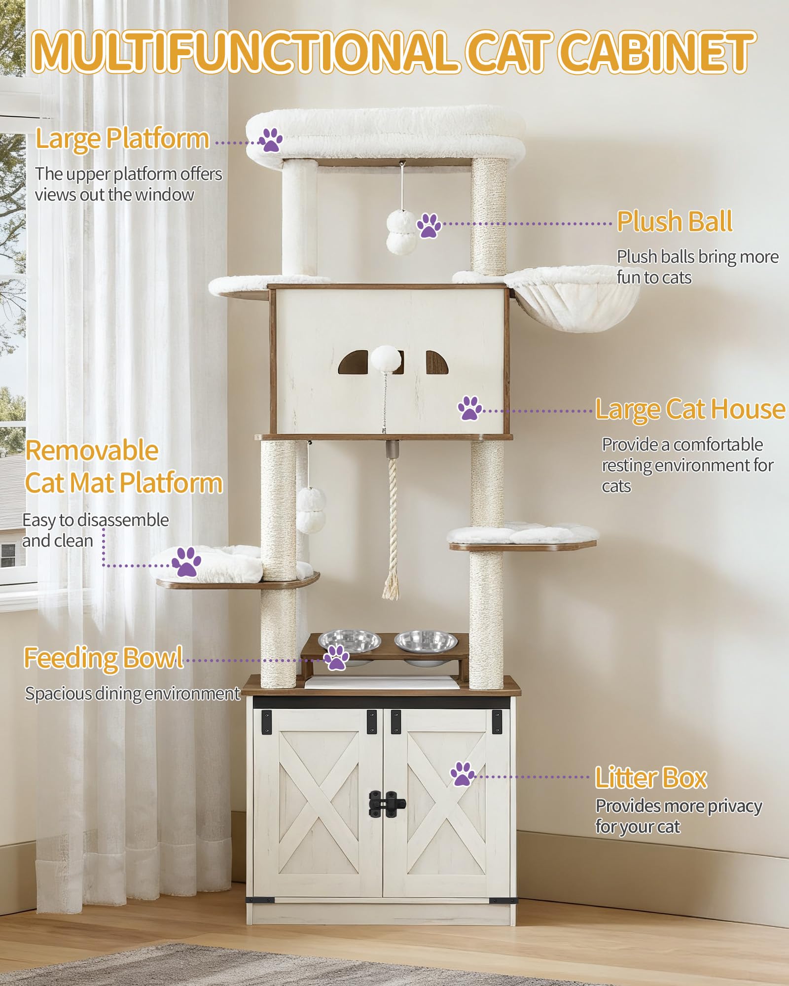 Hzuaneri 173 cm Árbol para Gatos, Blanco y Marrón, Casa para Gatos | con Mueble para Bandeja Higiénica, Soporte para Comedero Elevado, Cuerda de Sisal, Hamaca y Cojín Lavable, CB89014WT