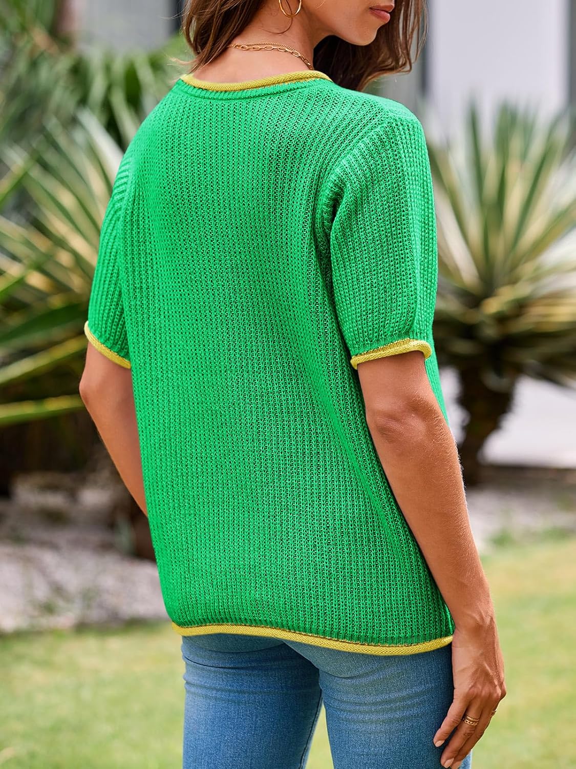 Saodimallsu Womens Puff Short Sleeve Sweater Tops Spring Summer Color Block Ribbed Knit Crew Neck Going Out Shirts - Image 5