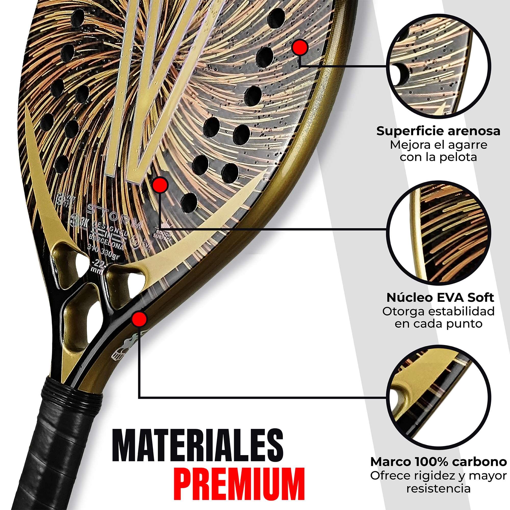 VIRUS Storm Raqueta Beach Tennis Profesional – Carbono 3K, Black EVA Soft, Balance Medio, Potencia y Precisión, Incluye Funda