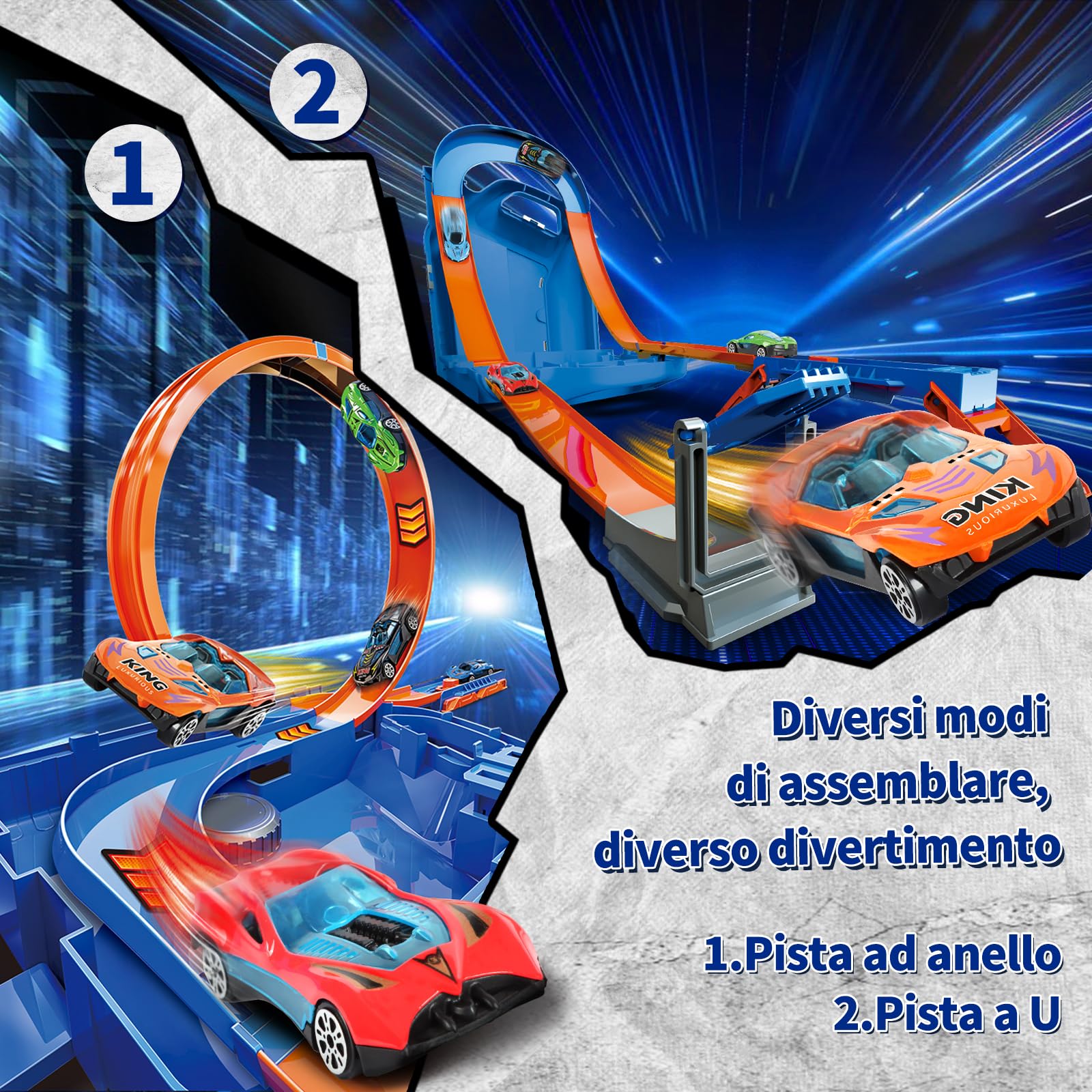 Charmofun Pista Macchinine 2 in1, Giocattolo Piste da Corsa con 6 Auto, Scatola Immagazzinaggio, Piste Macchinine per Bambini con Anello e Binari a U, Portatile Pista per Bambini 3+ Anni (Blu)
