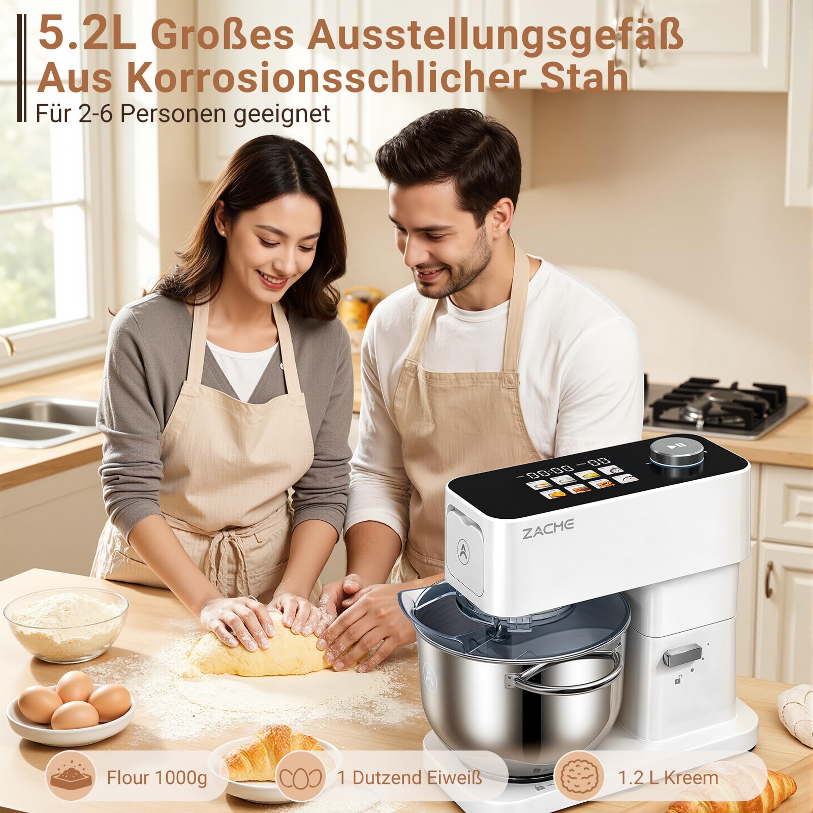ZACME Robot kuchenny 1200 W | miska ze stali nierdzewnej 5,2 l | cichy silnik DC | 11-stopniowa przekładnia | w zestawie 3 narzędzia do mieszania (hak do zagniatania, trzepaczka, trzepaczka) | obudowa