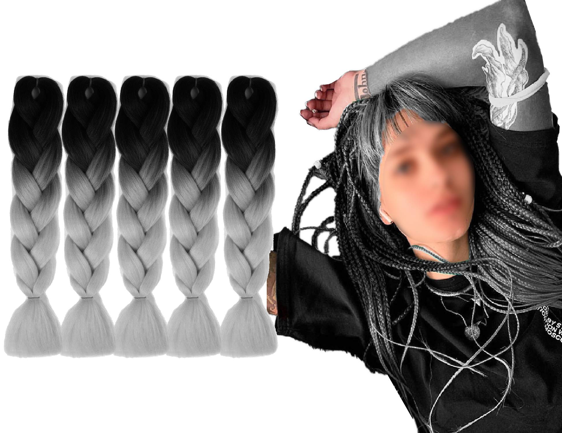 Wailicop Synthetic Braided Hair - Hair Extensions Gradient Color Giant Braided Wig Anime Cosplay Headwear 24" (Black + Silver Gray)