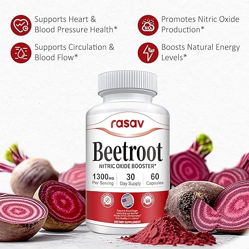 Miniatura 3 de Rasav Paquete de 6 cápsulas de raíz de remolacha de 1300 mg por porción, suplemento de óxido nítrico para flujo sanguíneo, corazón y energía,
