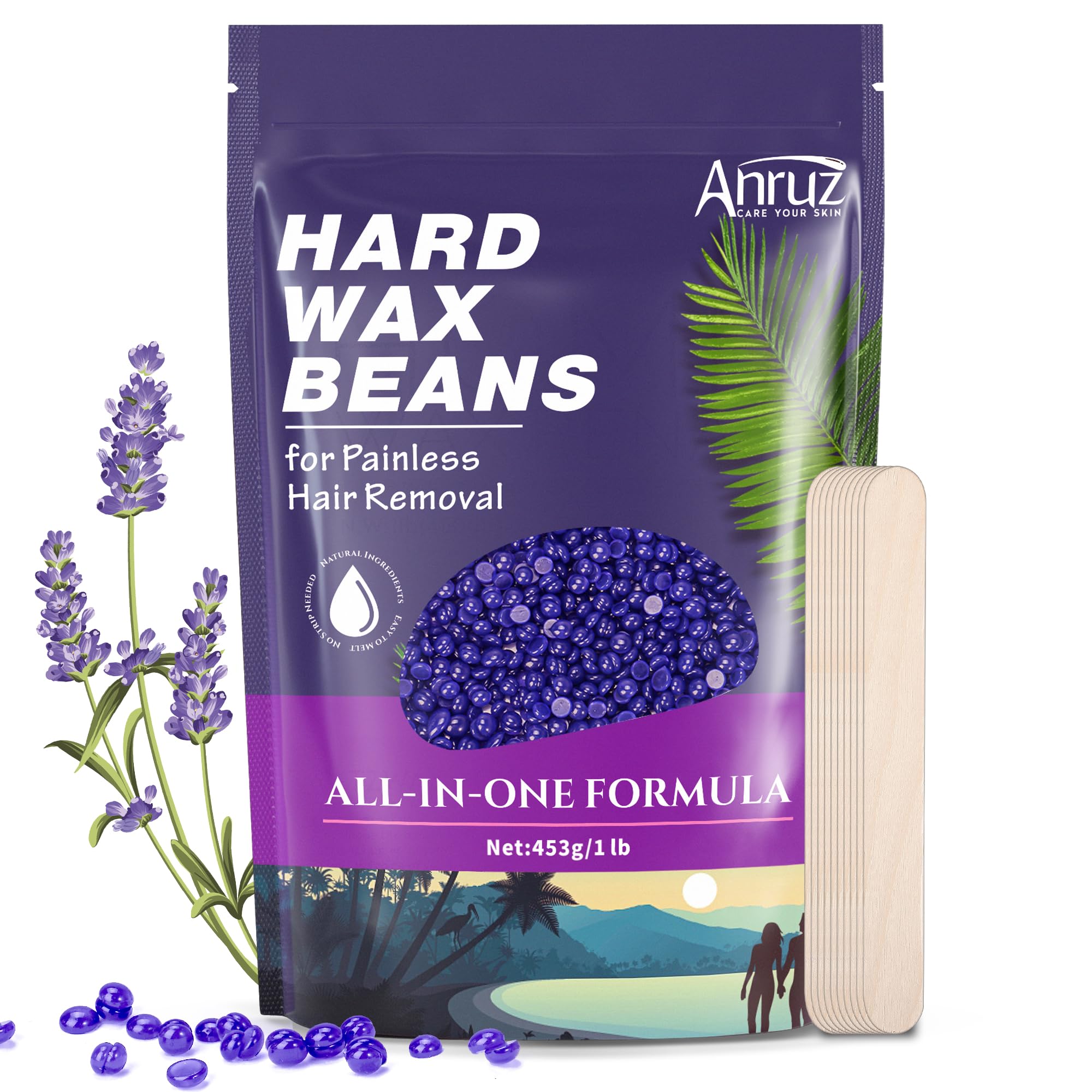 ANRUZ 453g Cera Depilatoria para Pieles Sensibles- Violeta Cera Caliente con 10 Aplicadores-Cera Depilatoria Caliente para cejas, faciales, cabello fino en casa Depilación con cera