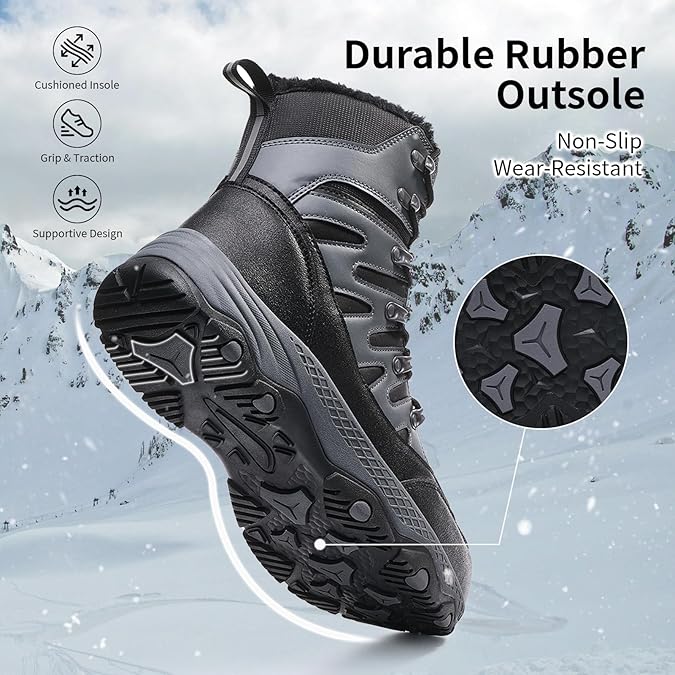 Snow Boots for Men Waterproof Mid Calf Winter Hiking Boot Durable Warm Fur Lined Boot Non-Slip Warm Climbing Shoes