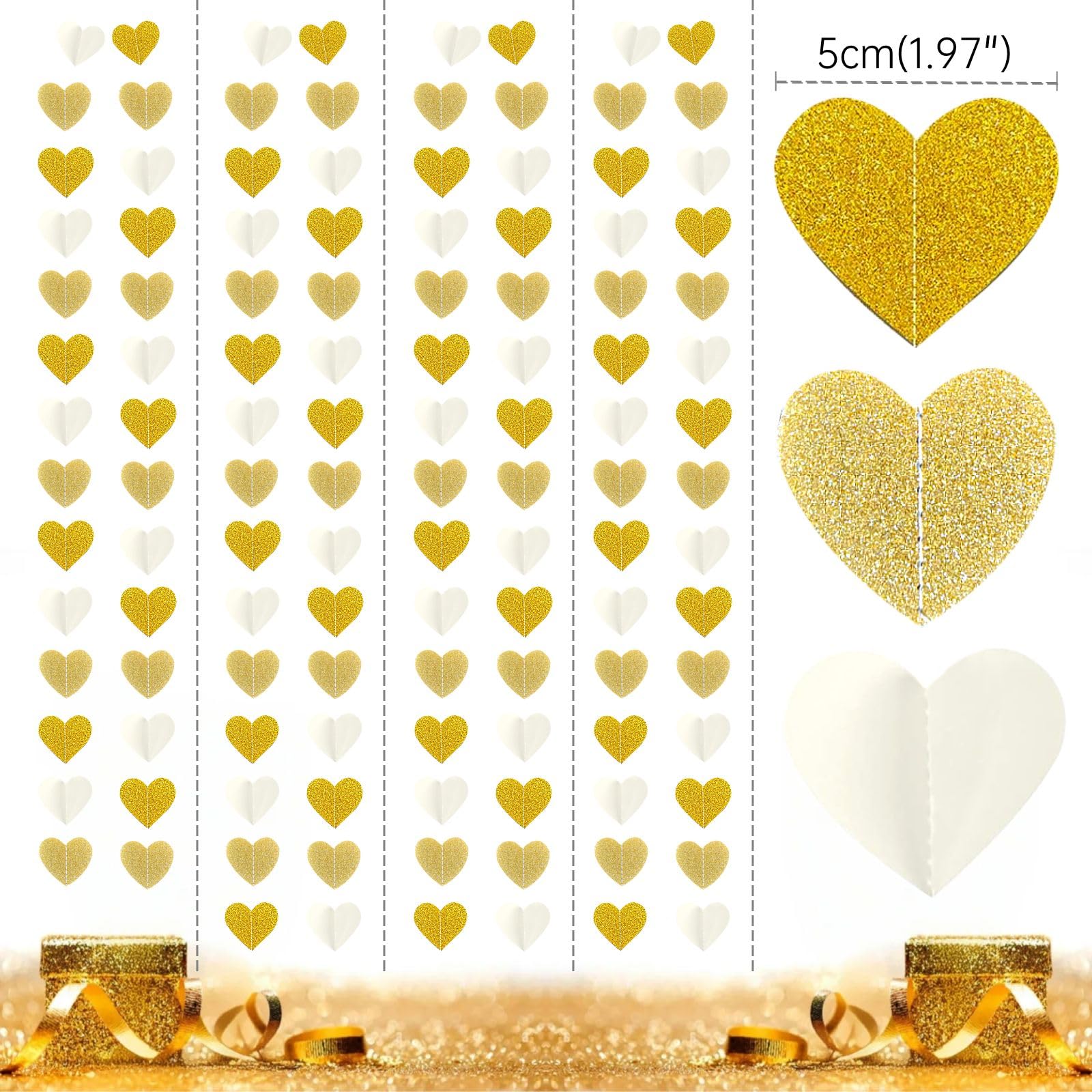 Decoraciones de fiesta de compromiso, decoración de fiesta de champán blanco y dorado, guirnalda de serpentinas de corazón, pancarta de papel colgante de 52 pies, pancarta de papel colgante