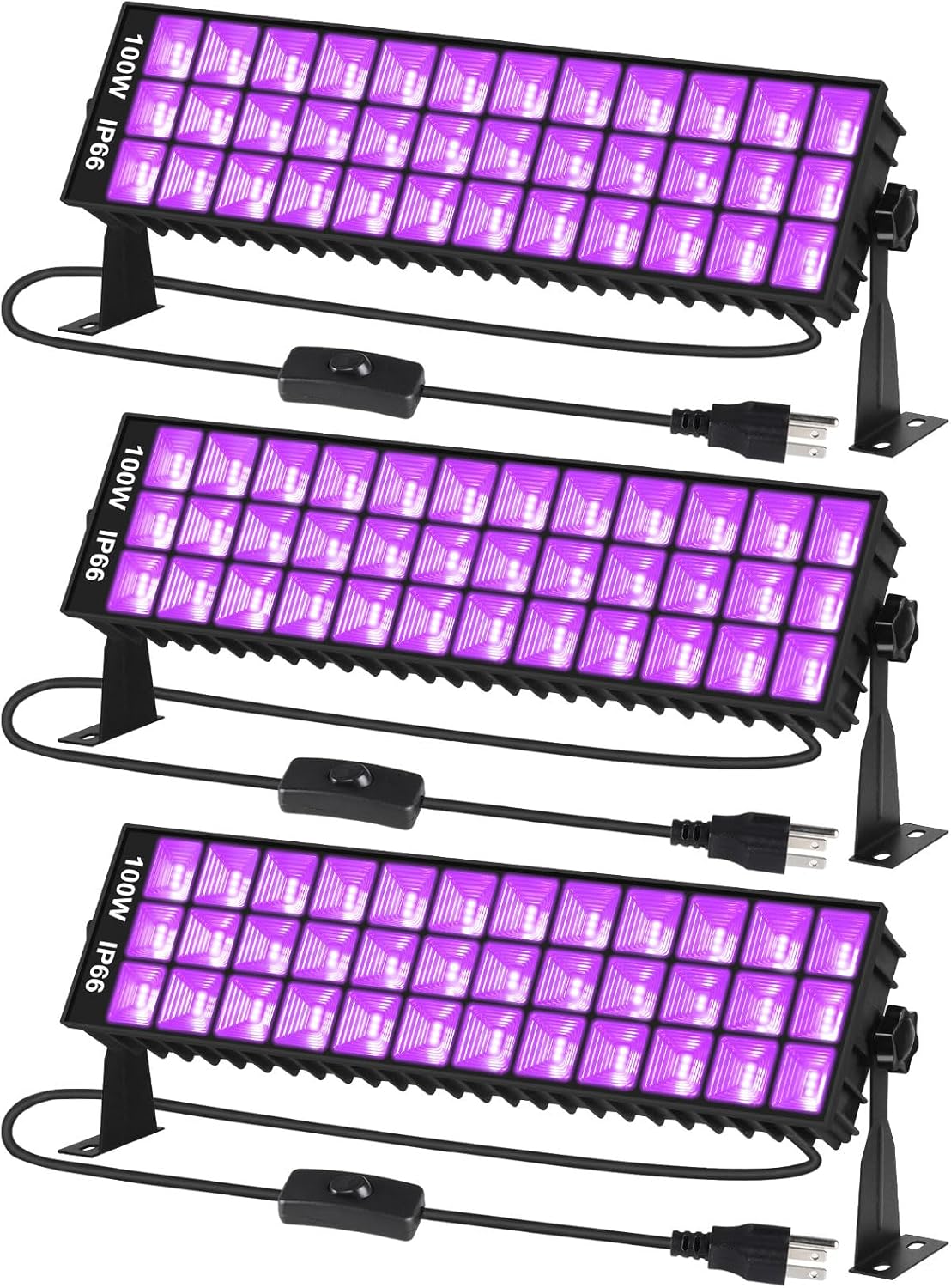 100W Black Light Bar IP66 Waterproof, LED Blacklight with Plug+Switch+6ft Cord, Outdoor Black lights, Light Up 1400 sq.ft, for Neon Glow Party Body Paint Fluorescent Poster Classroom Halloween, 3Pack