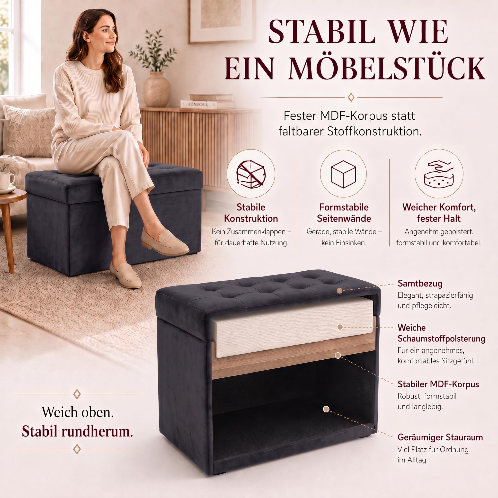 VELORA H&L Sitzbank mit Stauraum 45 x 90 cm Graphit – Samt Sitzbank mit Aufbewahrungsfach, belastbar bis 300 kg, gepolsterte Bank für Flur, Schlafzimmer und Wohnzimmer
