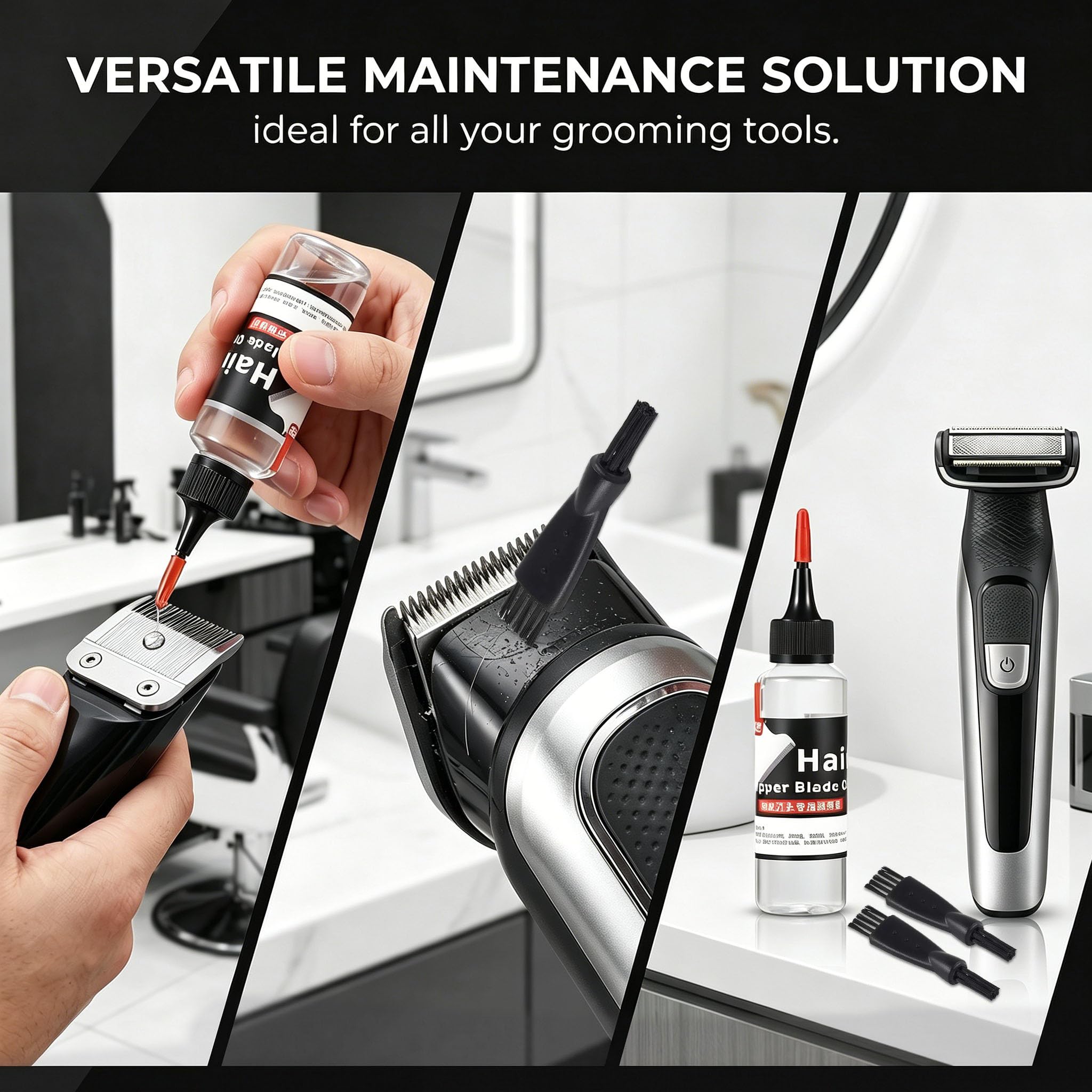 Kit de lubrification pour ciseaux de coiffure et rasoirs (ensemble de 2 pièces) Comprend deux brosses de nettoyage, un tube d'extension et un liquide d'entretien portable.
