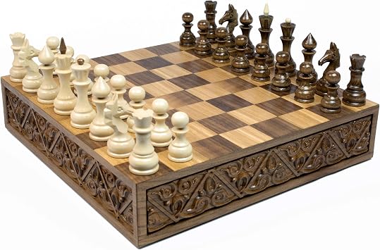 HandCraftoria Push to Open Unique Chess Set with Storage Handmade Wooden Chess Inlaid Chessboard Luxury chessbox, Brown