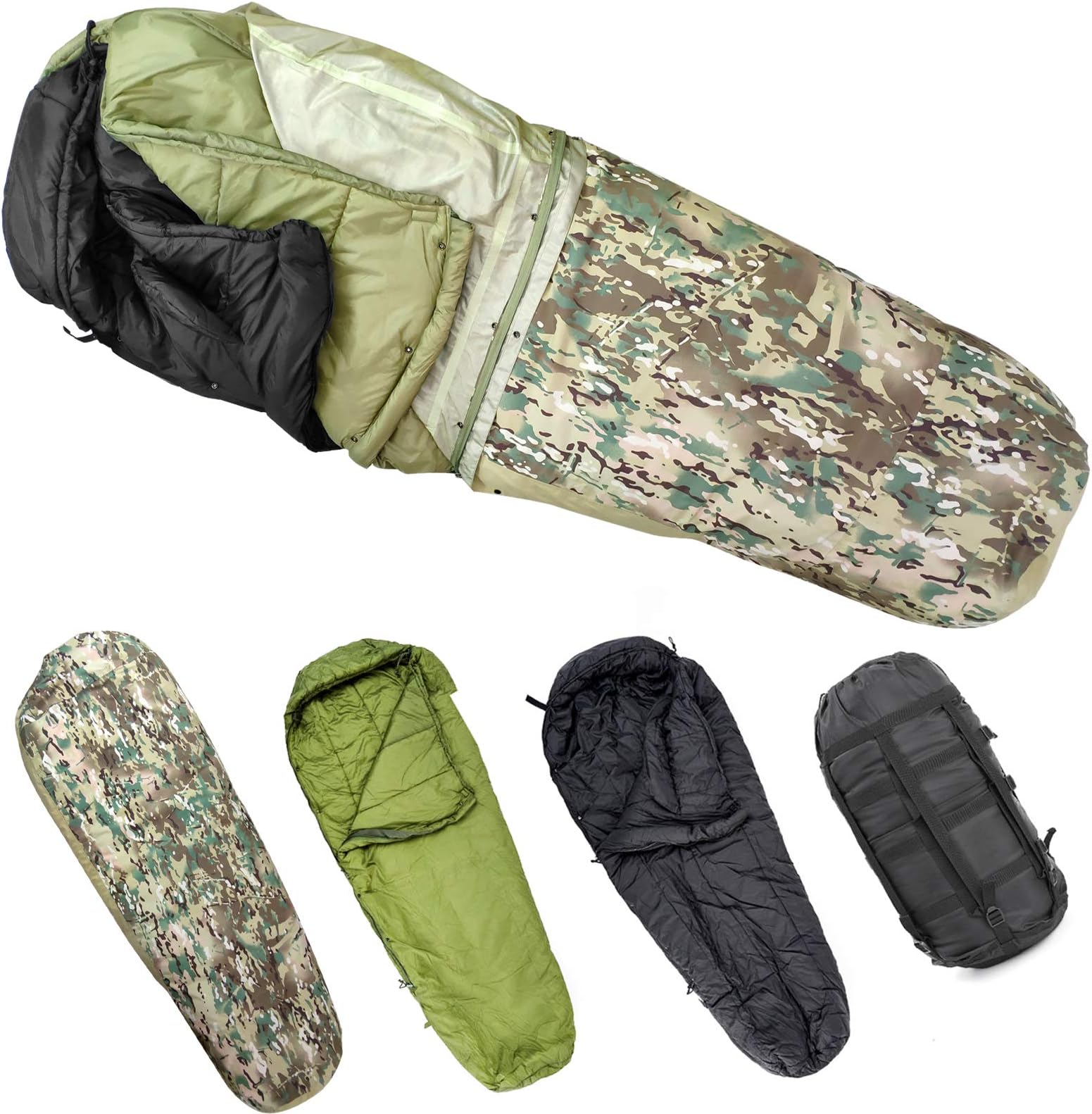 Army Military Modular Sleeping Bags System, Multi Layered with Bivy Cover for All Season, Woodland/Multicam