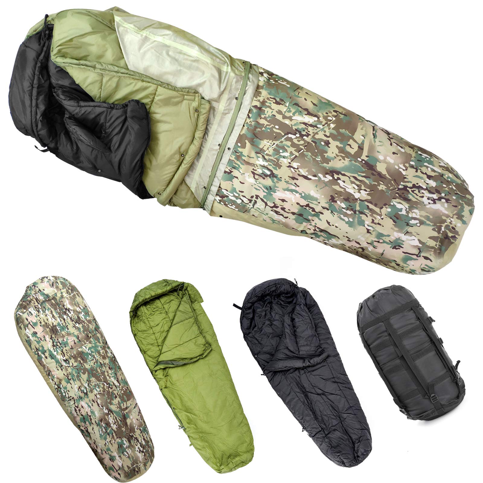 Army Military Modular Sleeping Bags System, Multi Layered with Bivy Cover for All Season, Woodland/Multicam