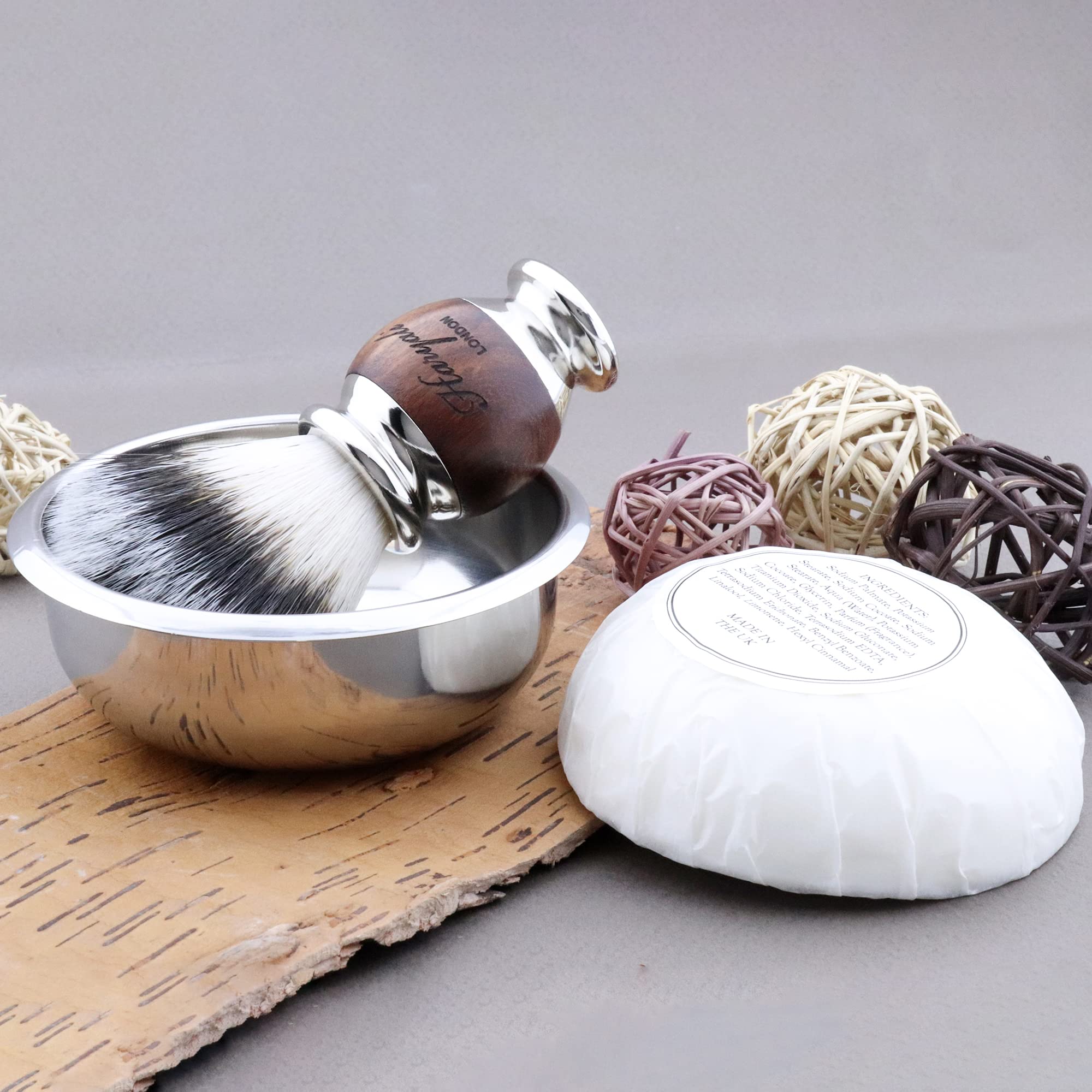 Haryali London Brocha de afeitar – Brocha de afeitar vegana – Bandeja de afeitar – Jabón de afeitar – Juego de 3 piezas – Mango de madera, Metal – Bandeja de afeitar de acero inoxidable – Pelo