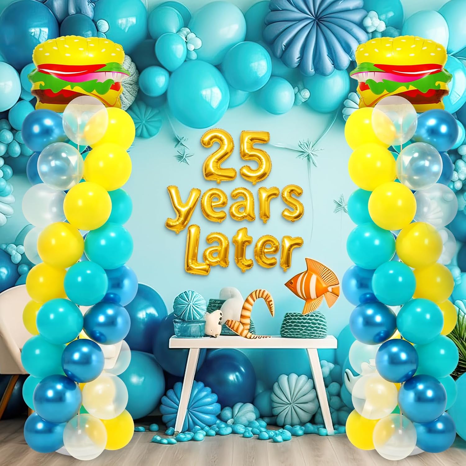 Hungdao 2 Sets Sponge Balloon Column Stand Kit - Cartoon Balloons Birthday Decor Include Hamburger Aluminum Balloon Blue Yellow Balloons with Sticks Holder for Cartoon Birthday Shower Party Supplies