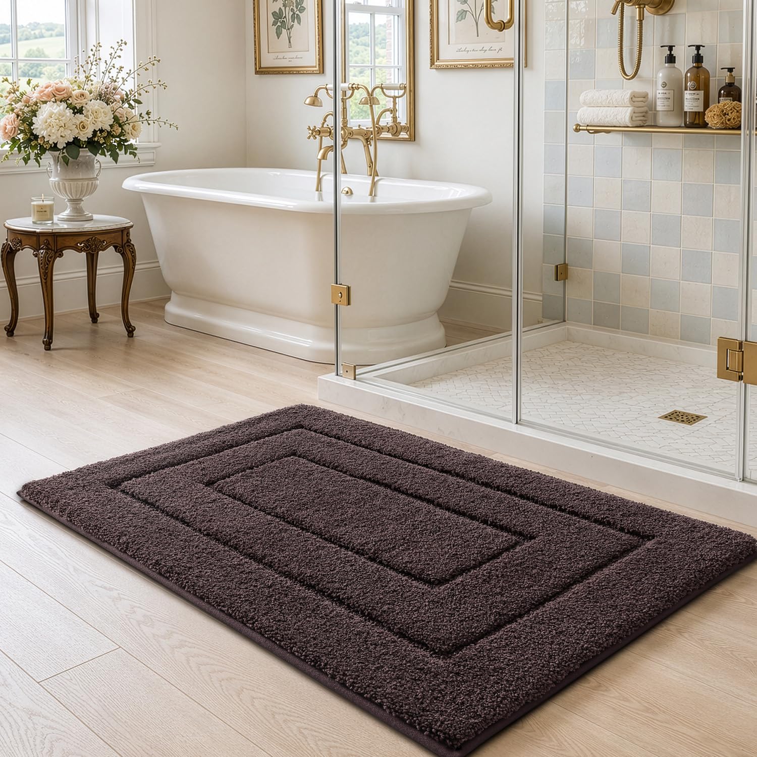 DEXI Alfombra de baño, extra suave y absorbente de alta calidad, antideslizante y cómoda, alfombra para bañera, ducha, baño, lavable a máquina, 20 x 32 pulgadas, marrón