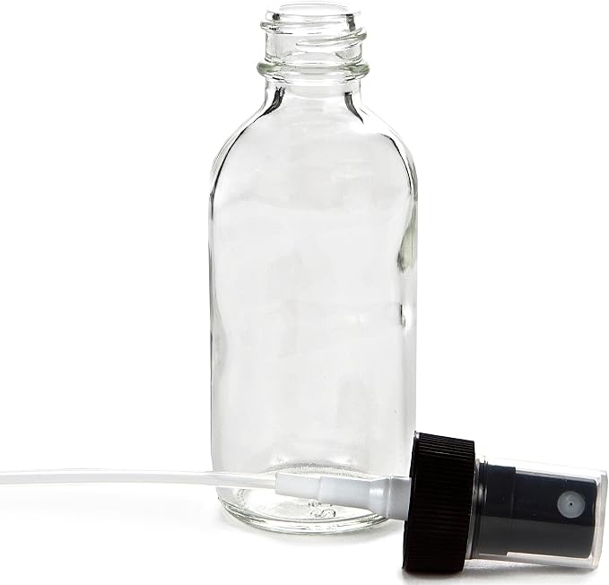 Vivaplex, 12 botellas de vidrio transparentes de 2 oz con atomizador negro miniatura 5