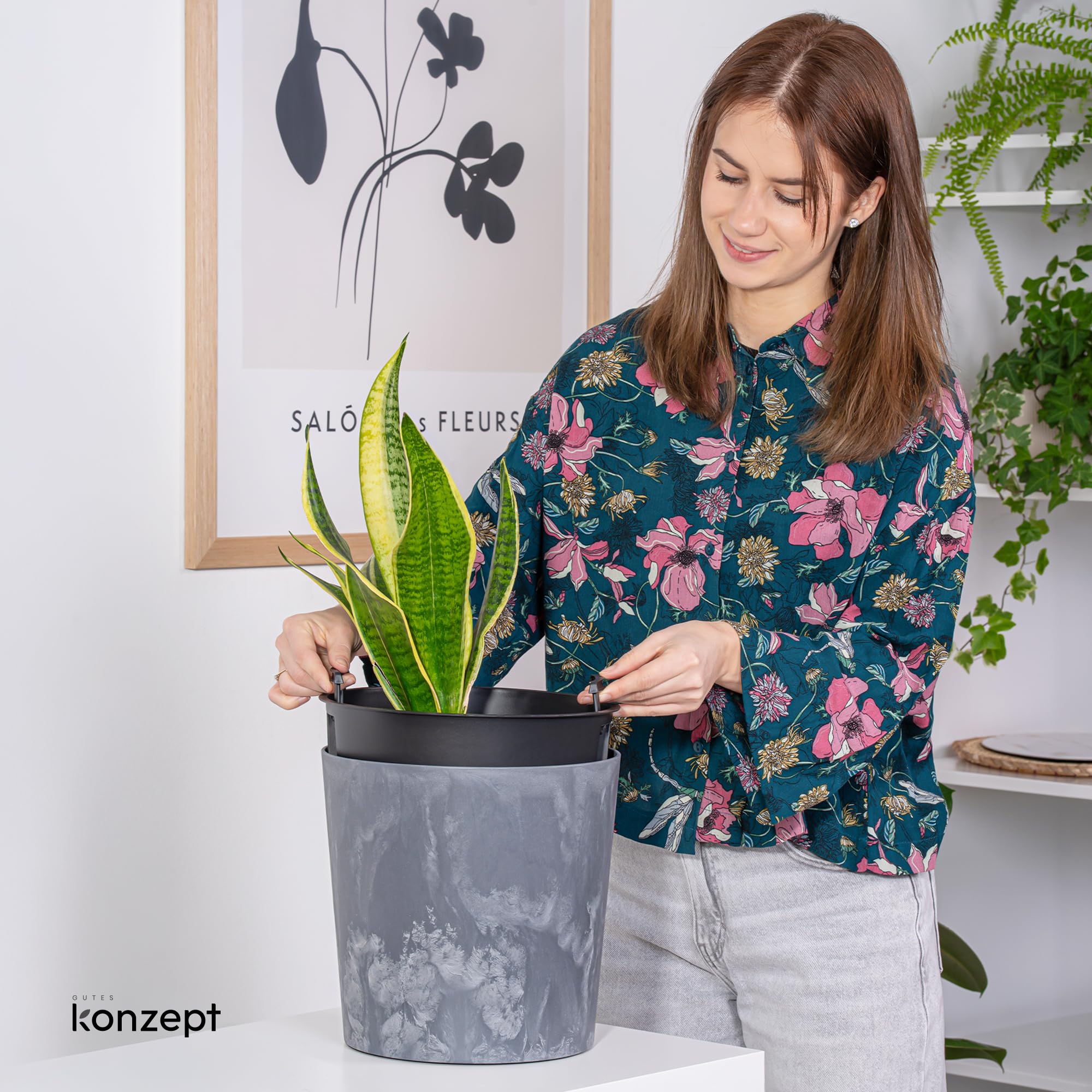 KONZEPT Blumentopf 25 cm Durchmesser mit Einsatz – Übertopf Groß für Innen & Außen, UV-beständig, Beton-Optik, Leichter Kunststoff Pflanzentopf, Dunkelgrau Garten