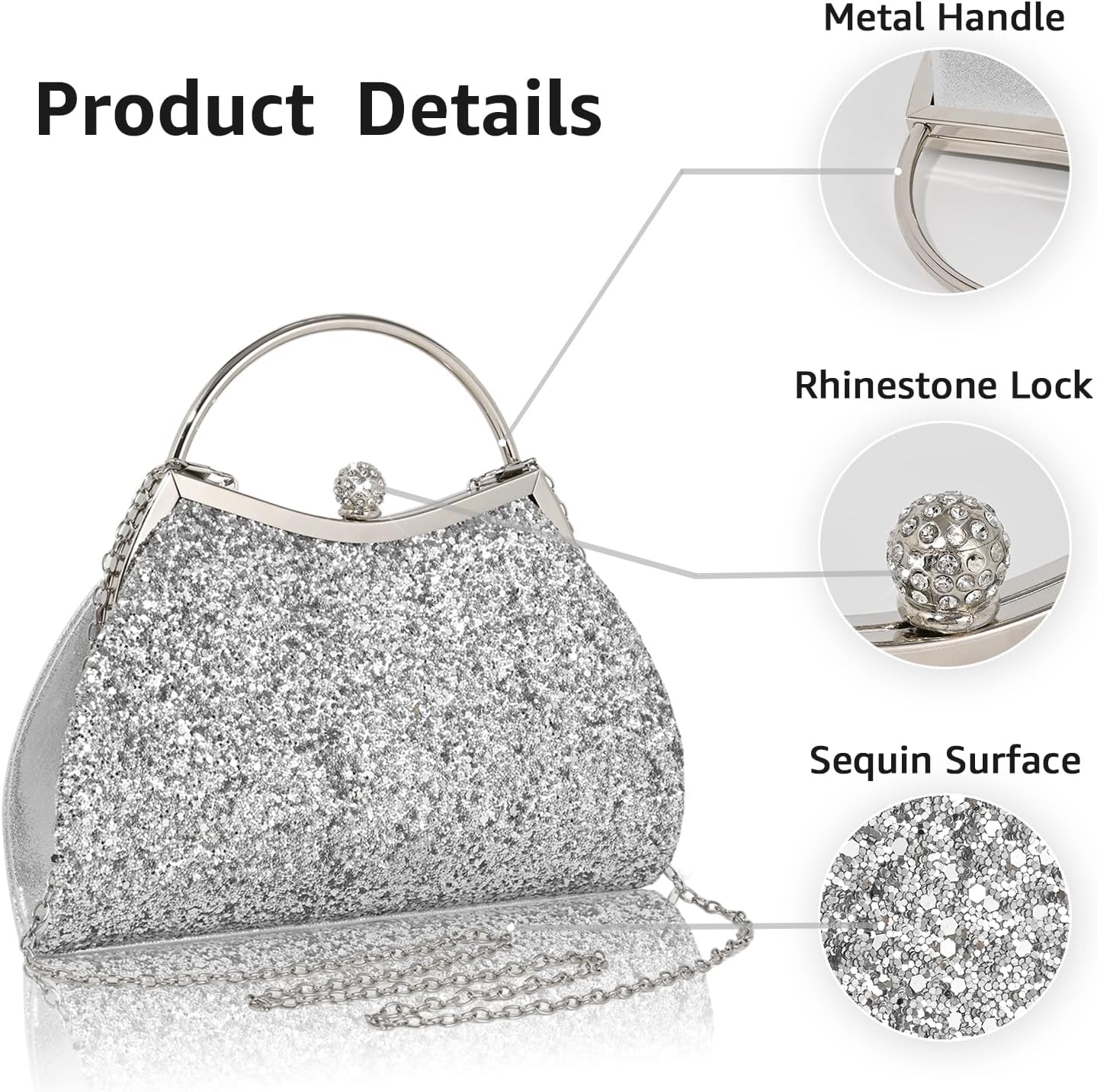 Evening Bag for Women Sparkly Handbag with Chain, Women's Shoulder Bag Pleated Clutch Purse for Wedding, Prom, Party - Image 3
