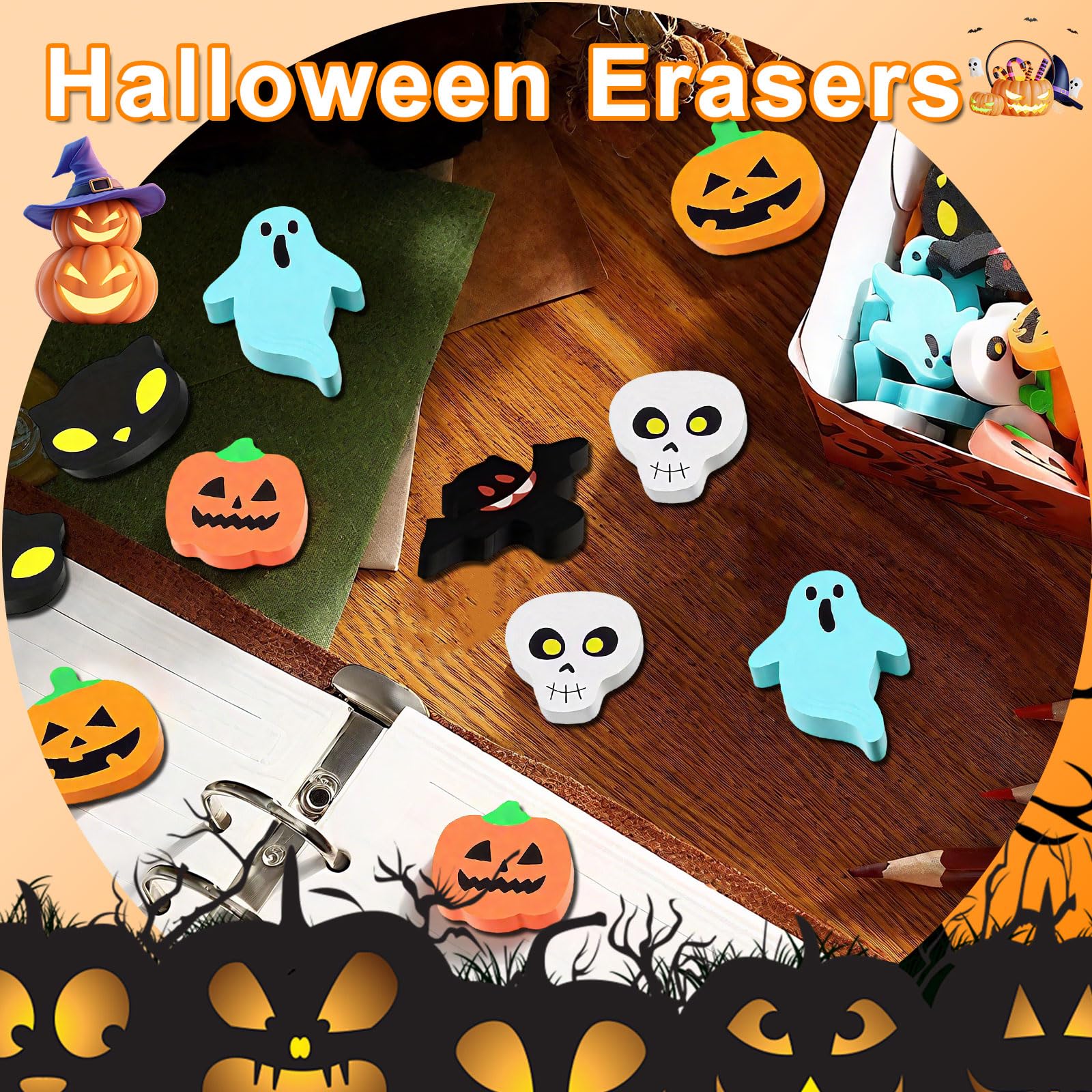 24 Pcs Halloween Mini Erasers for Halloween Gifts,Halloween Cute Small Erasers Bulk with Fun Pumpkin Ghost Bat,Eraser Trick or Treat Party Favors Gift Bag Filler for School Classroom Rewards Prizes - Image 3