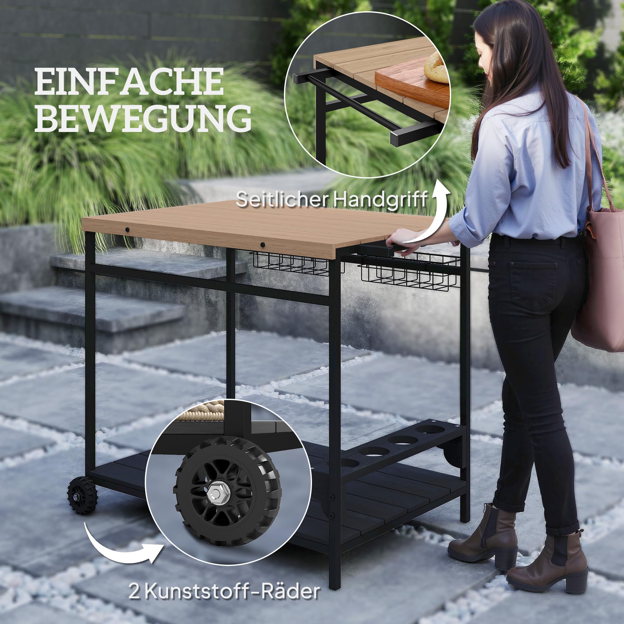Outsunny Servierwagen Gartenrollwagen 2 Ebenen Barbecue Trolley Aufbewahrungskorb Outdoor Küchenwagen Griff Becherhalter Tanne Natur 97,5 x 65 x 81 cm