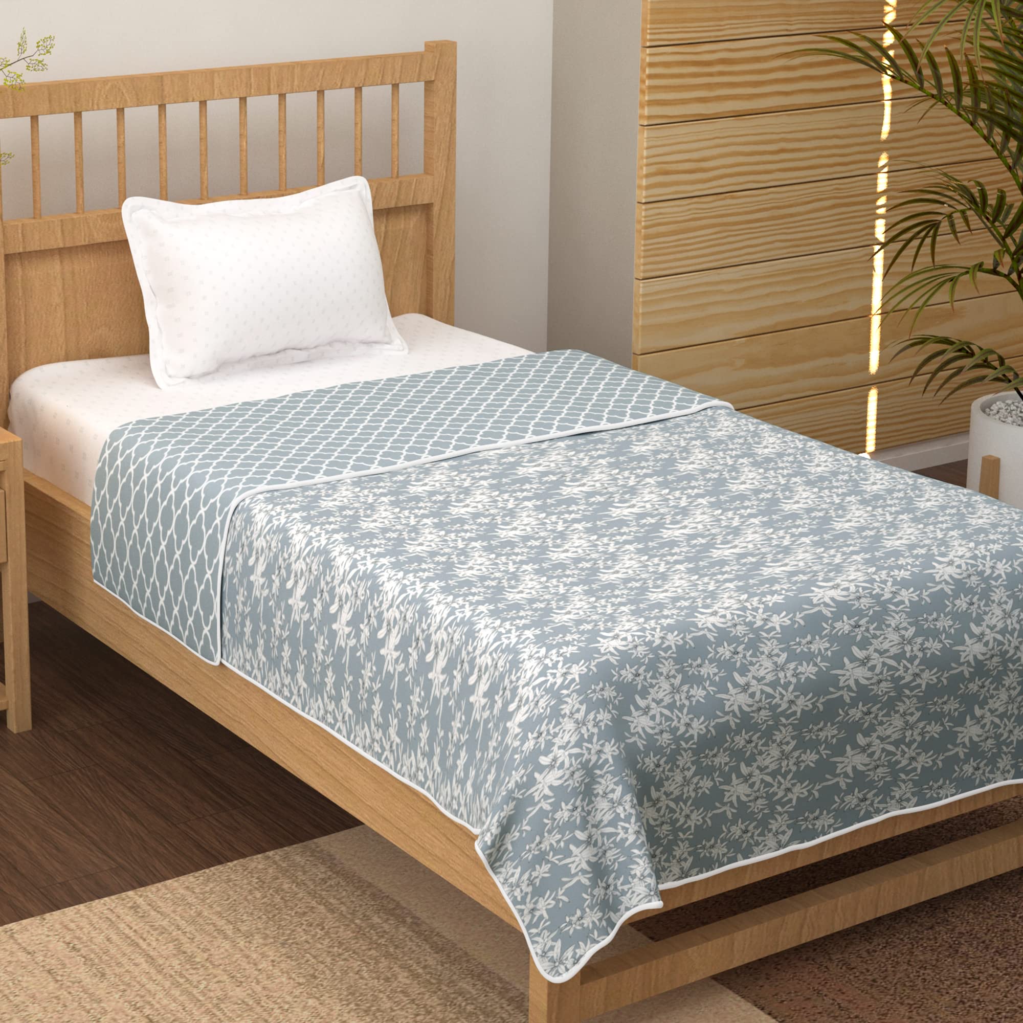 Story@Home Dohar Single Bed 100% Cotton Blankets for Monsoon|144x 220CM, 150GSM Ac Comforter and Cooling Blankets for Monsoon|Purple & White Motif Pattern Reversible Duvet Quilt, All-Season Blanket