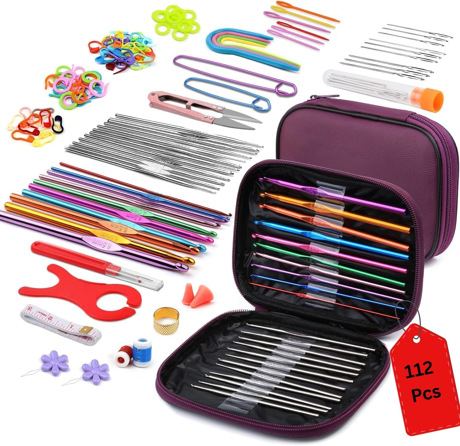 Crochet Hook Set and Knitting Needles Kit, 112 Pcs Complete Crochet Accessories with Ergonomic Aluminum Hooks, Yarn Needles, Stitch Markers, Measuring Tape and Storage Case for Beginners and Adults-image-8