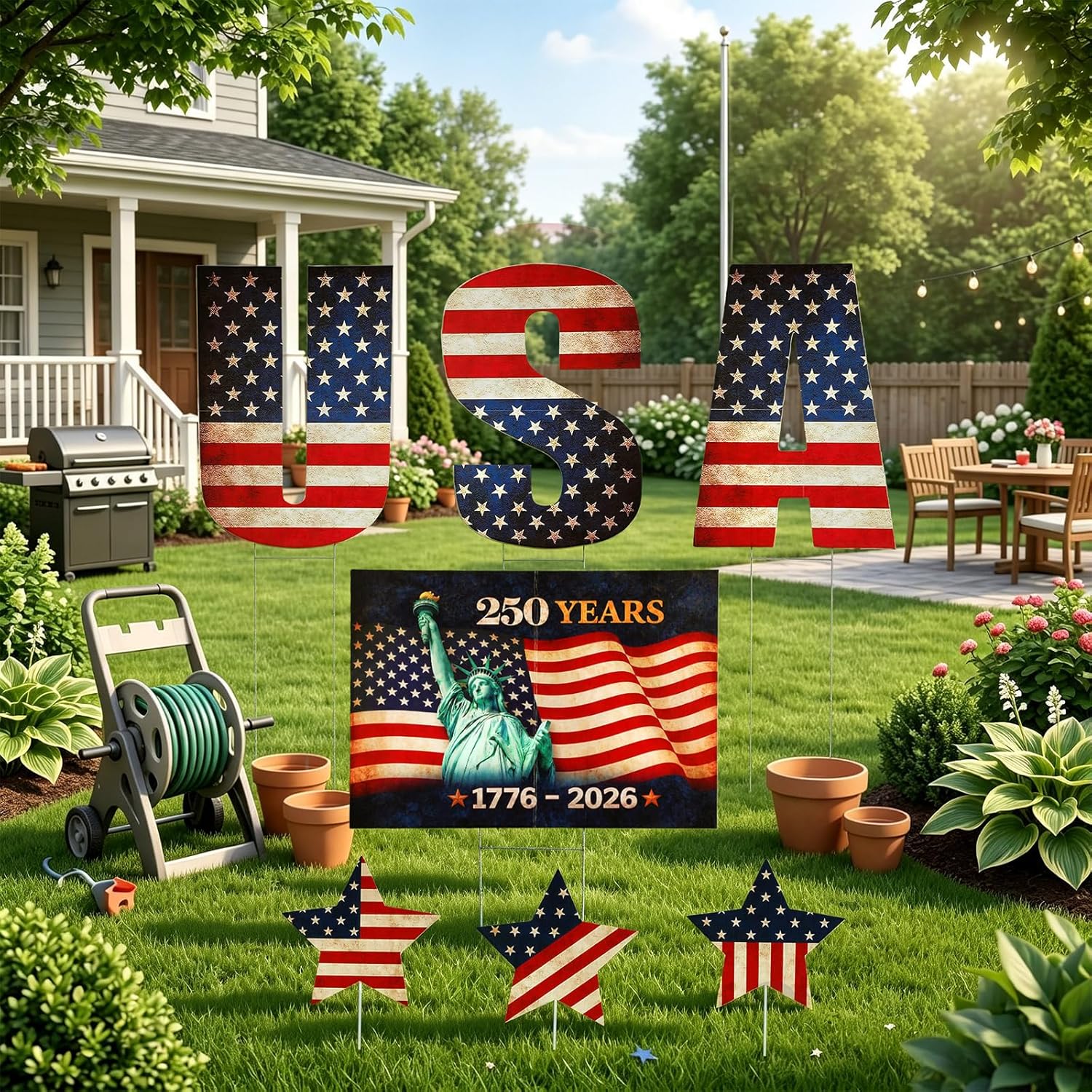 Unittype 7 Pcs Oversize USA Yard Signs 250th Anniversary Patriotic Flag Outdoor Lawn Decoration with Stakes 4th of July Red White Blue Garden Yard Signs for Independence Day 1776-2026 Commemorative