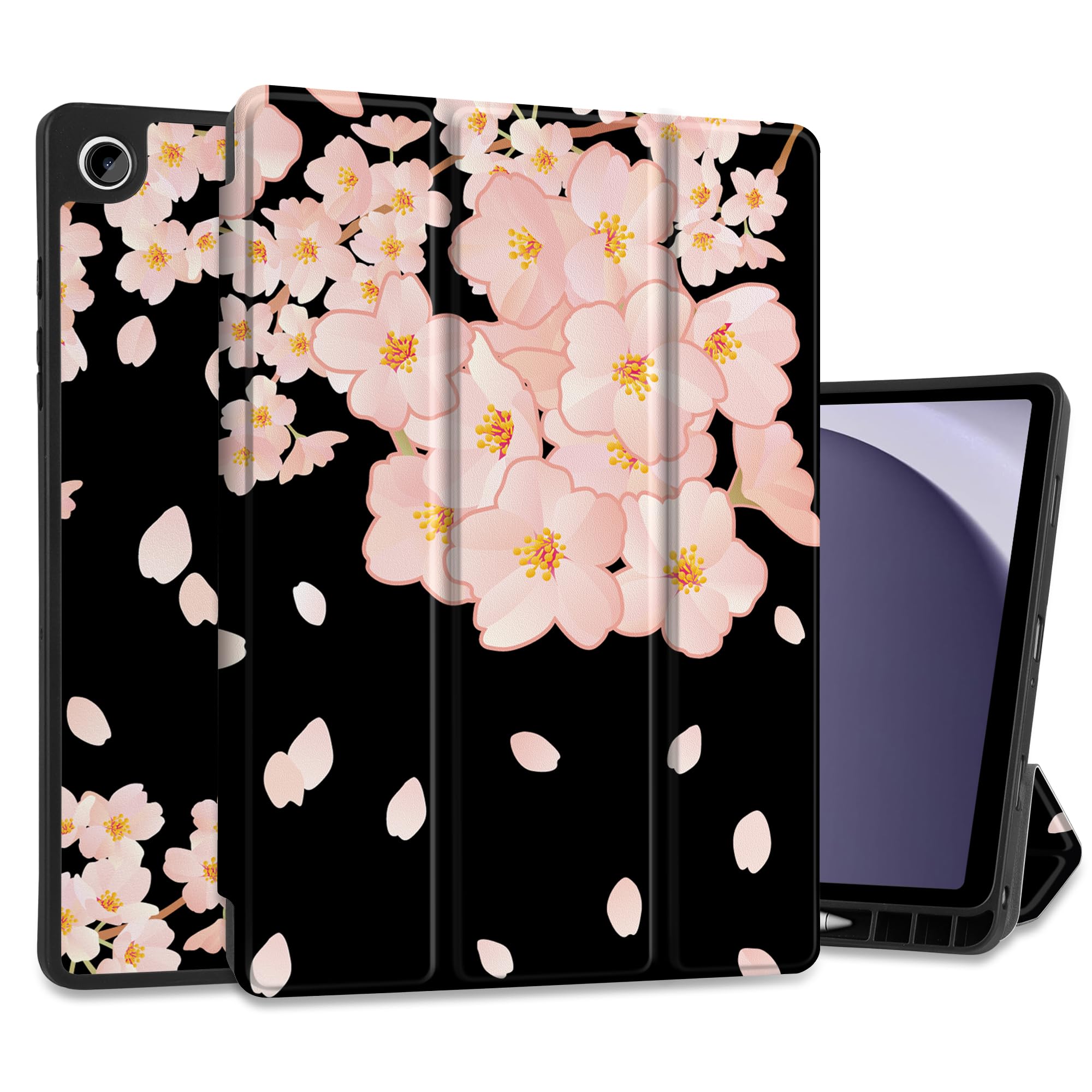 MEEgoodo Case for Samsung Galaxy Tab A9 Plus 11 inch Cover 2023 with S Pen Holder, A9+ Smart Tablet Cases with Leather Trifold Stand+Soft TPU Back Shell+Smart Auto Wake/Sleep, Beautiful Cherry Tree