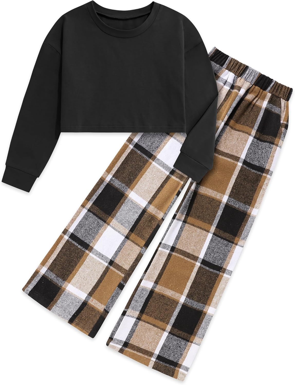 Gaupafmb Girls Clothes Solid Long Sleeve Tops Plaid Wide Leg Pants with Pockets Girls Outfits Size 6-14