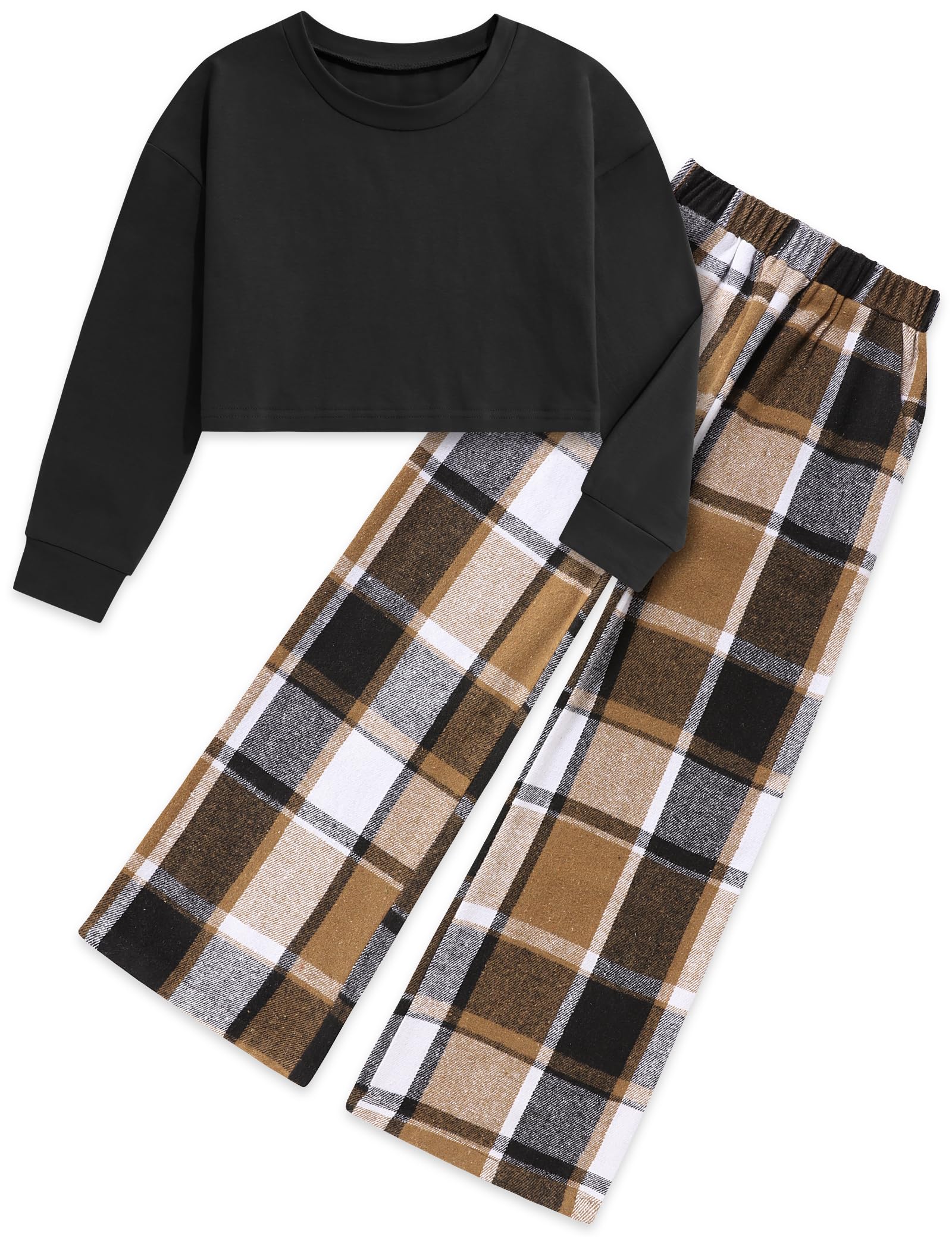 Gaupafmb Girls Clothes Solid Long Sleeve Tops Plaid Wide Leg Pants with Pockets Girls Outfits Size 6-14