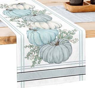 Fall Table Runner Blue Pumpkin Fall Table Decor, Teal Autumn Runner Dresser Scarves Thanksgiving Kitchen Dining Table Setting Blue and White Decor for Holiday Party Wedding