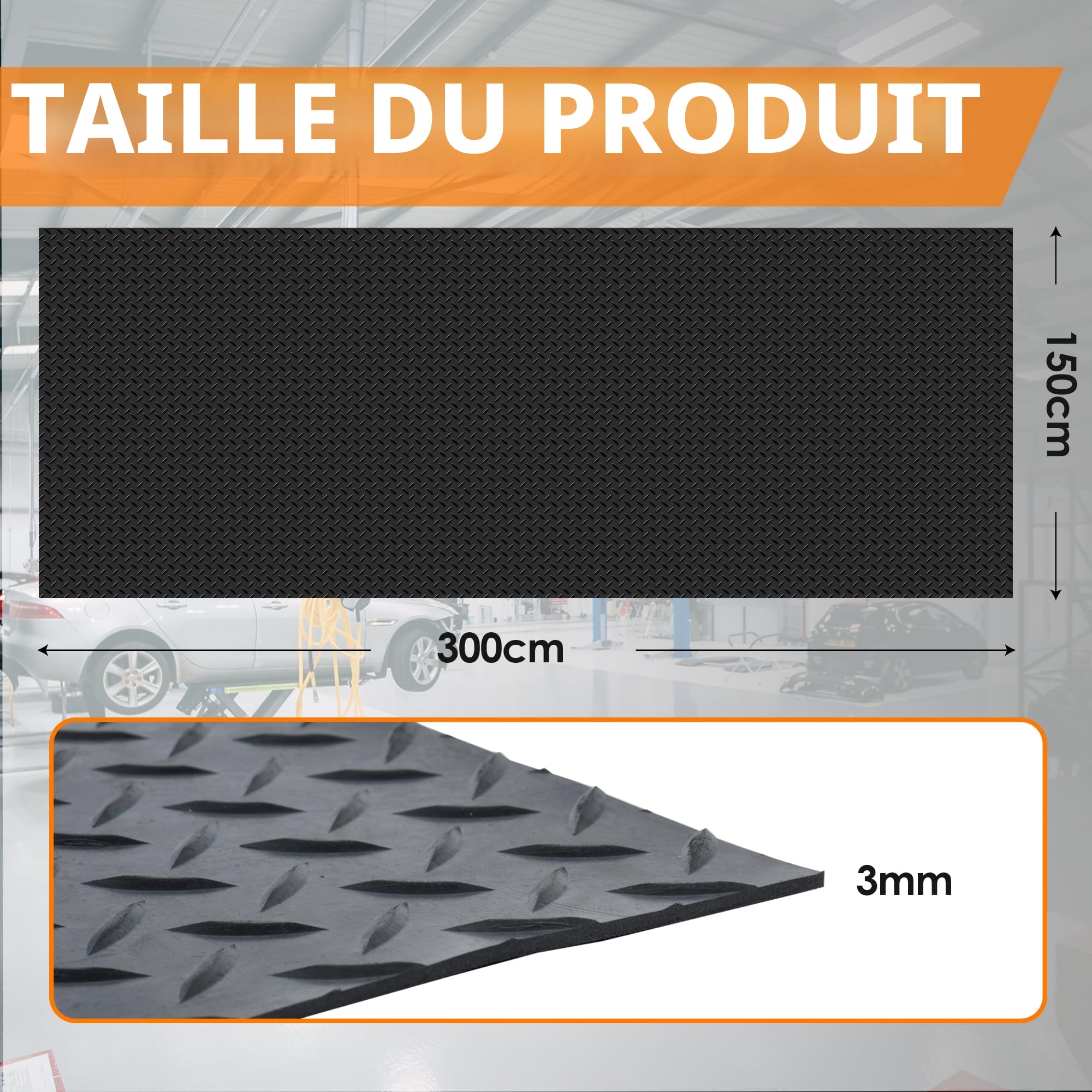 bimiti Tapis en caoutchouc antidérapant, 300 x 150 cm, au mètre, pour sols de garage, pour cave, atelier, garage