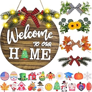 Interchangeable Welcome Home Sign, Front Door Decor With 4 Seasonal Wrea...
