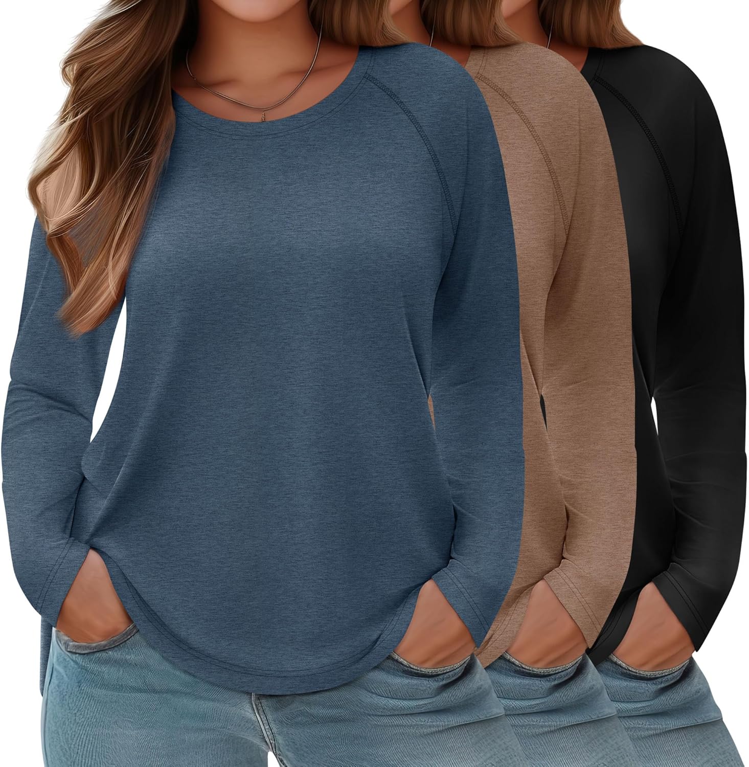 3 Pack Womens Plus Size Shirts Long Sleeve Casual Tops Crew Neck Basic Tee Curved Raglan Sleeves Tunic Fall Outfits