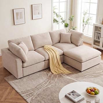 KIVENJAJA 100" Modular Couch L Shape, 3 Seater Couch for Living Room, Beige | cloud, wide armrests, upholstered seat cushion, ottoman, easy rearrangement, chenille, living room, apartment, small family