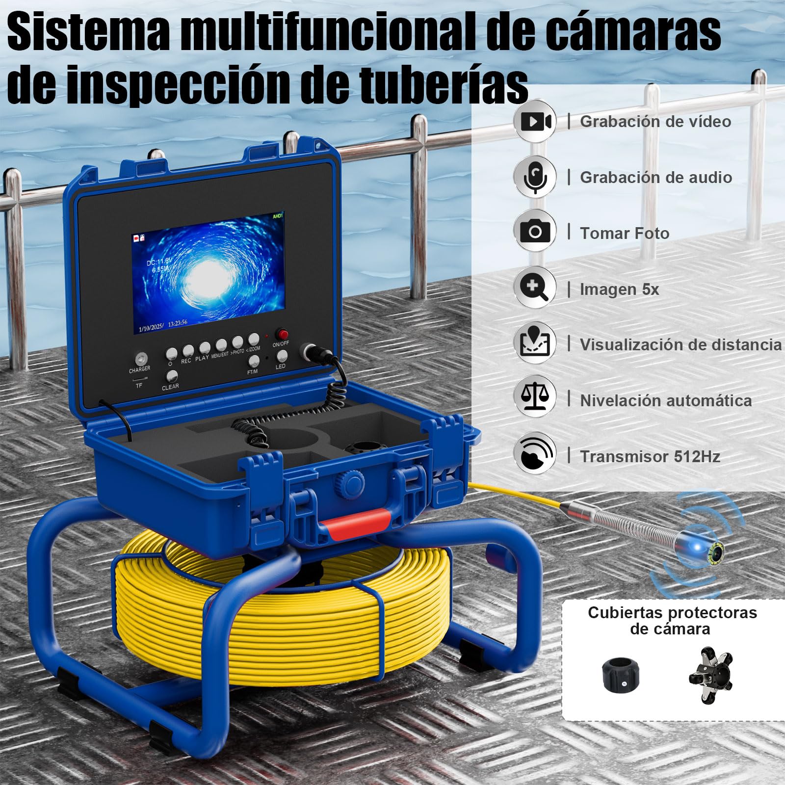 Cámara de inspección de tuberías 30M con DVR,Dnenellr Camara Tuberias Pantalla en Color IPS de 7", Camara Endoscopica Industrial Impermeable, 32GB (with Locator)
