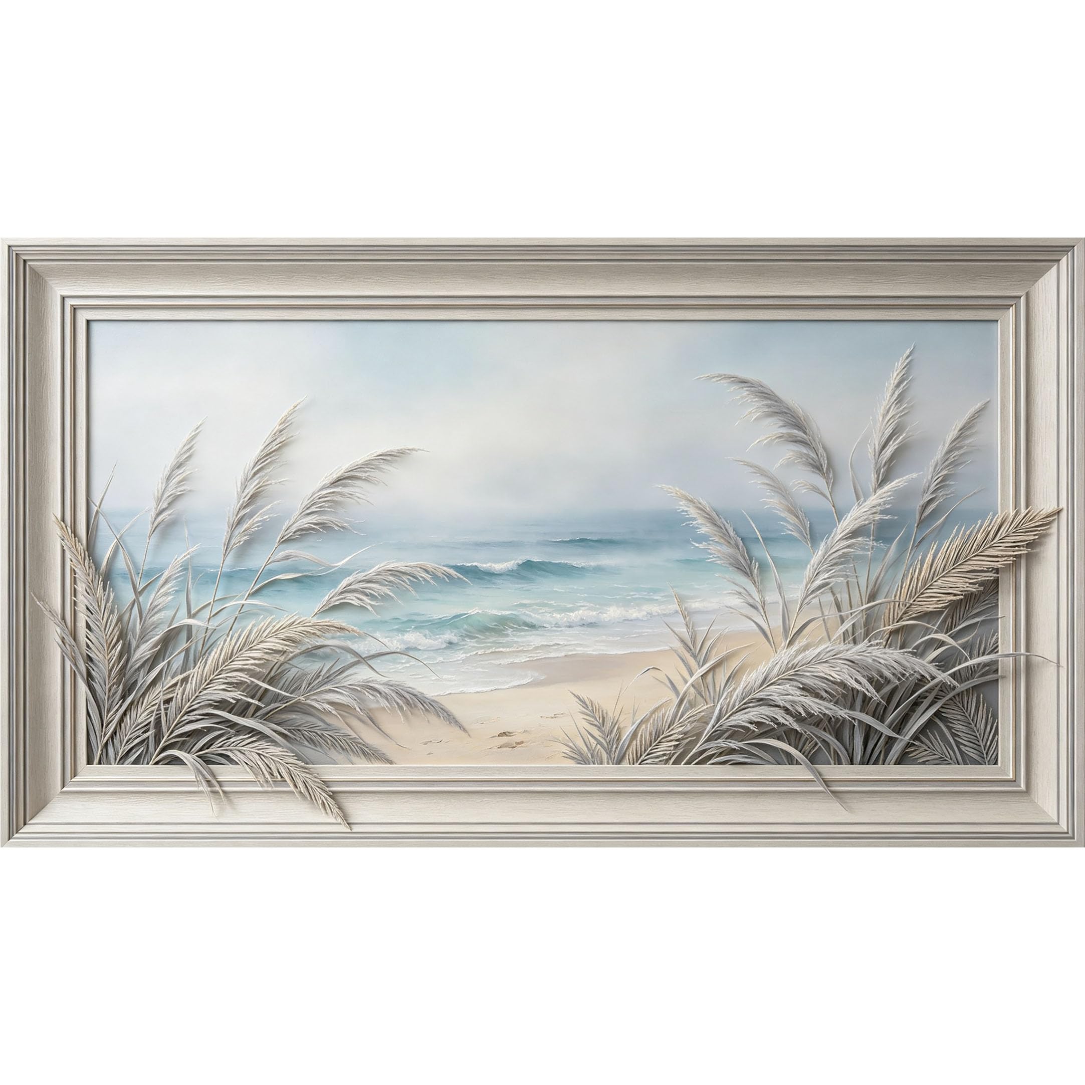 QZLITHOTIC 50×90cm3D Framed Wall Art， Coastal Ocean Shoreline Reeds Self?Adhesive Mural， Water?Activated Peel & Stick Fabric Decor Wall Decal for Bedroom Living Room